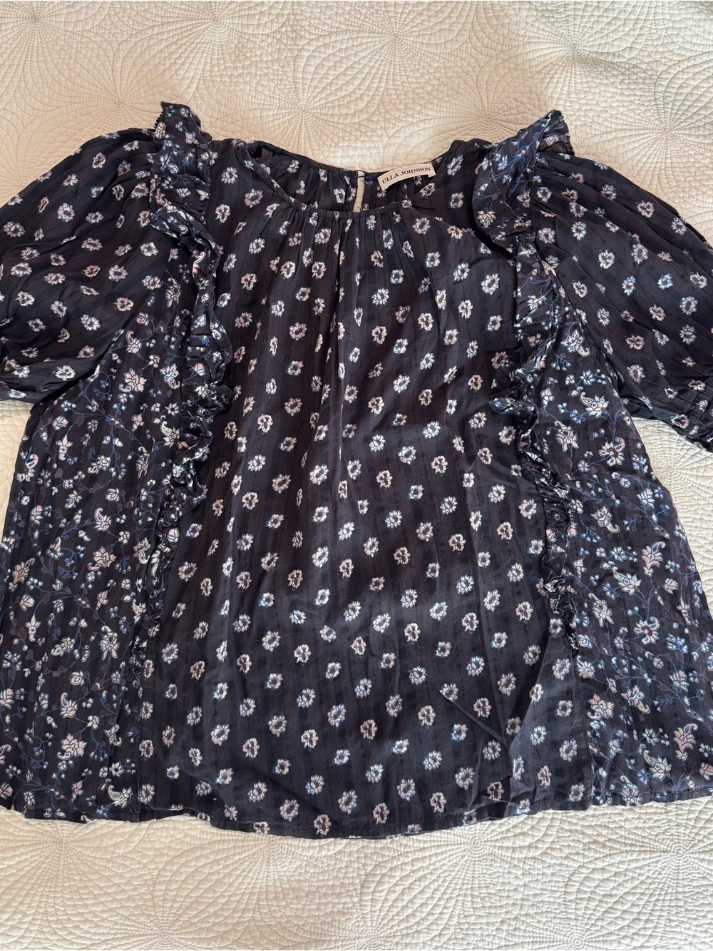 Ulla Johnson Navy Floral Ruffle Blouse